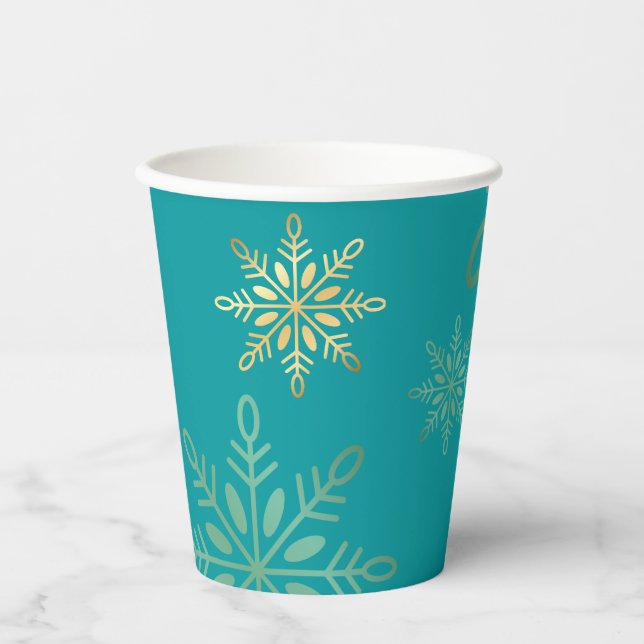 Vasos De Papel Felices vacaciones Navidades oro copos de nieve ve (Anverso)