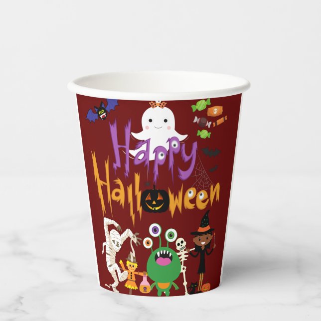 Vasos De Papel Felices y felices niños de Halloween adorables (Anverso)