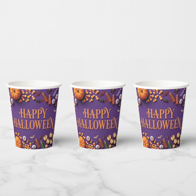 Vasos De Papel Feliciz Halloween Composición plana en morado (Multi)