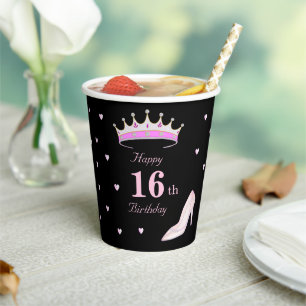Vasos De Papel Feliz 16 cumpleaños en negro y rosa