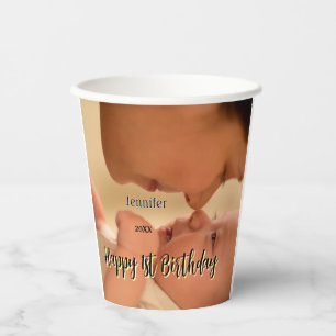 Vasos De Papel Feliz 1er cumpleaños niños bebé madre negro amaril