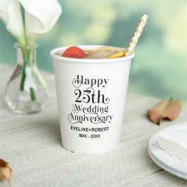 Vasos De Papel Feliz 25 Aniversario de Bodas Tipografía Negra