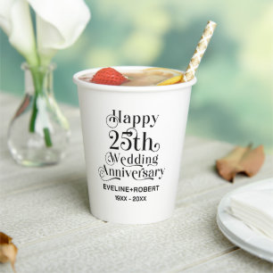 Vasos De Papel Feliz 25 Aniversario de Bodas Tipografía Negra