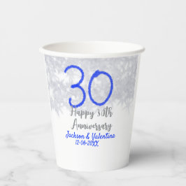 Vasos De Papel Feliz 30 aniversario de bodas brillo azul plateado