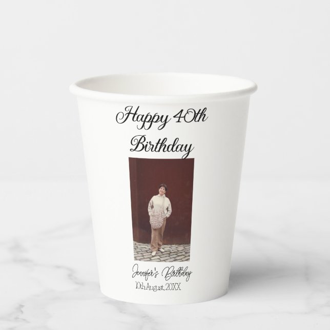Vasos De Papel Feliz 40 cumpleaños foto simple moderno mínimo (Anverso)