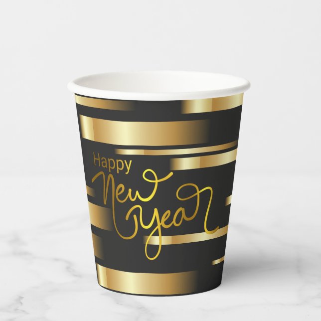 Vasos De Papel Feliz Año Nuevo con rayas (Anverso)