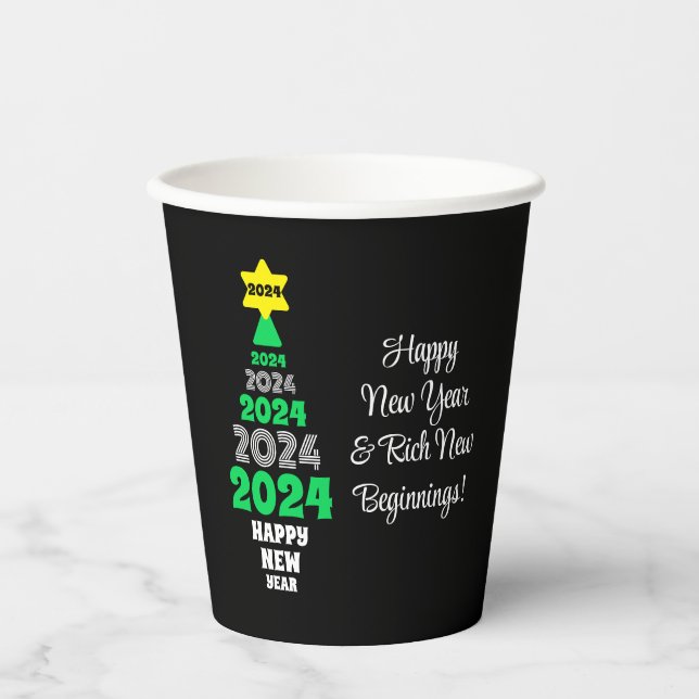 Vasos De Papel Feliz Año Nuevo Diversión festiva en verde y árbol (Anverso)