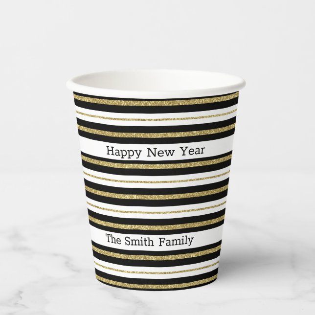 Vasos De Papel Feliz Año Nuevo en franjas (Anverso)