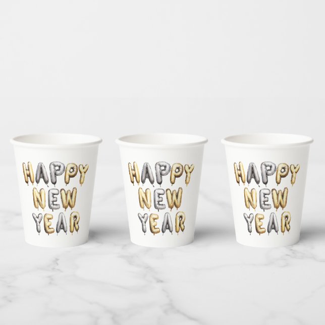 Vasos De Papel Feliz Año Nuevo Gris Dorado (Multi)