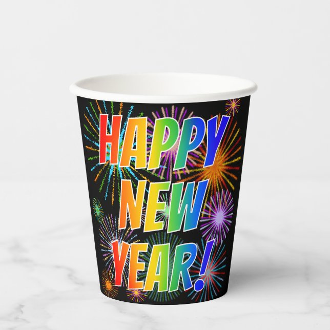 Vasos De Papel "¡FELIZ AÑO NUEVO!" Texto del arcoiris, patrón de  (Anverso)