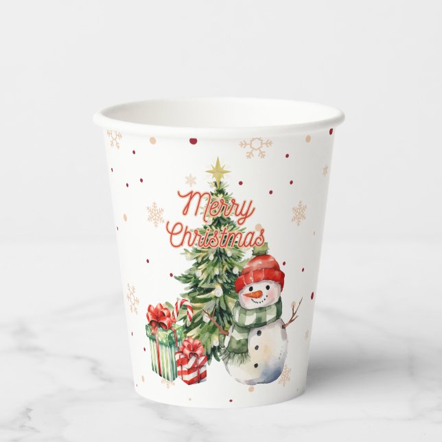 Vasos De Papel Feliz árbol de Navidad Snowman y presente (Anverso)