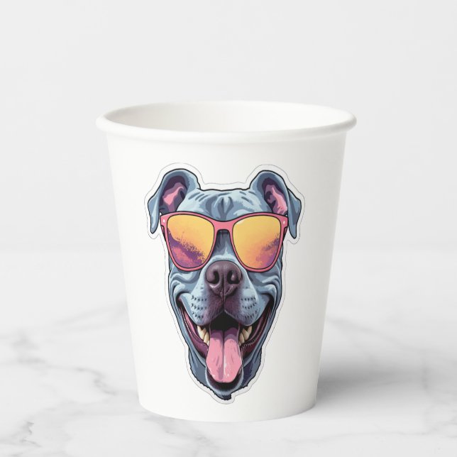 Vasos De Papel Feliz azul Pitbull con gafas de sol (Anverso)