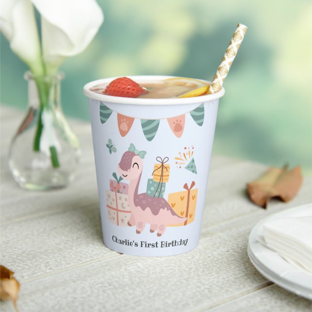 Vasos De Papel Feliz Brachiosaur Dinosaurio cargando regalos, (in situ)