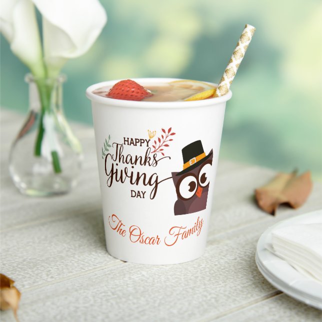 Vasos De Papel Feliz cena de Acción de Gracias lindo búho (in situ)
