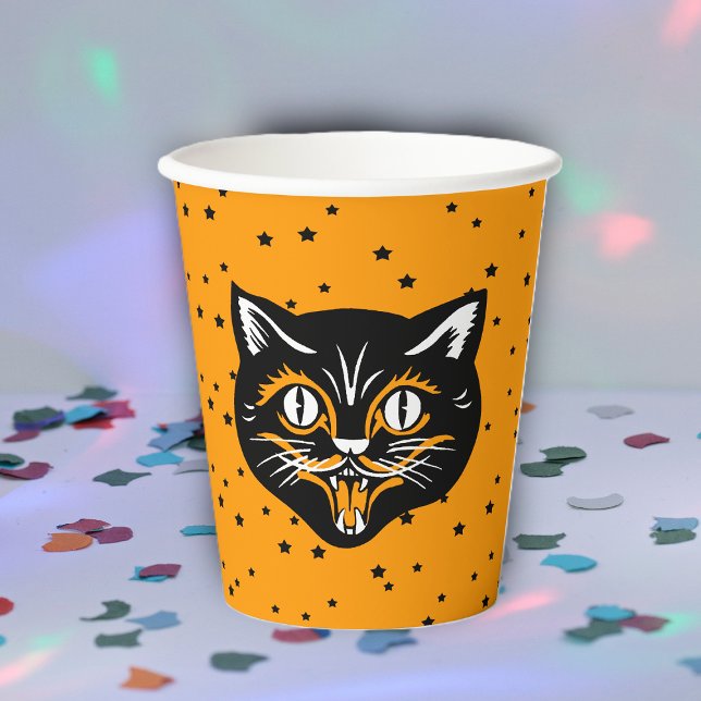 Vasos De Papel Feliz clásico rostro de gato negro de Halloween en (Fun Happy black and orange Halloween cat face on black stars on bright orange party paper cups.)
