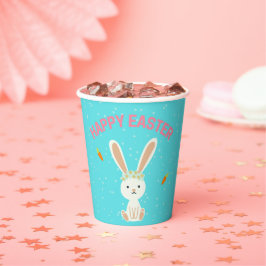 Vasos De Papel Feliz conejito blanco de Pascua en azul