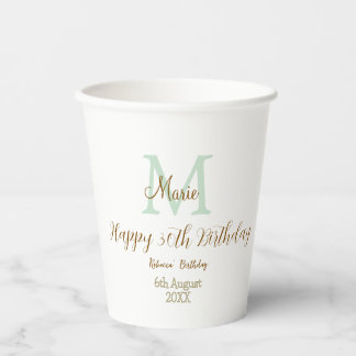 Vasos De Papel Feliz cumpleaños 30 dorado verde monograma pastel