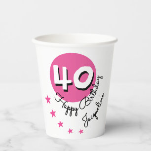Vasos De Papel Feliz cumpleaños 40.º nombre personalizado rosado