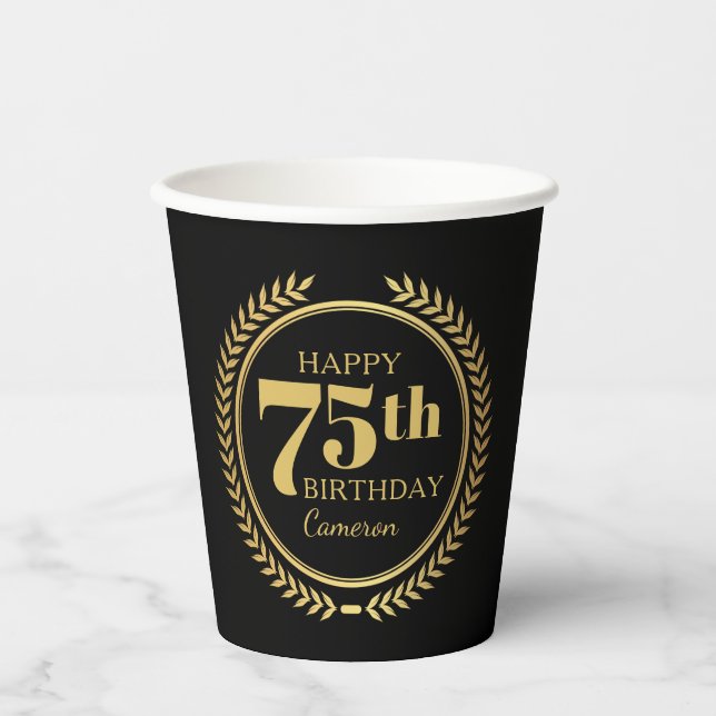 Vasos De Papel Feliz cumpleaños 75 con cualquier nombre (Anverso)