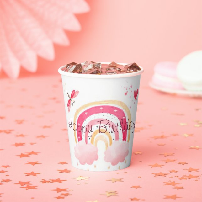 Vasos De Papel Feliz cumpleaños, arcoiris rosa (in situ)