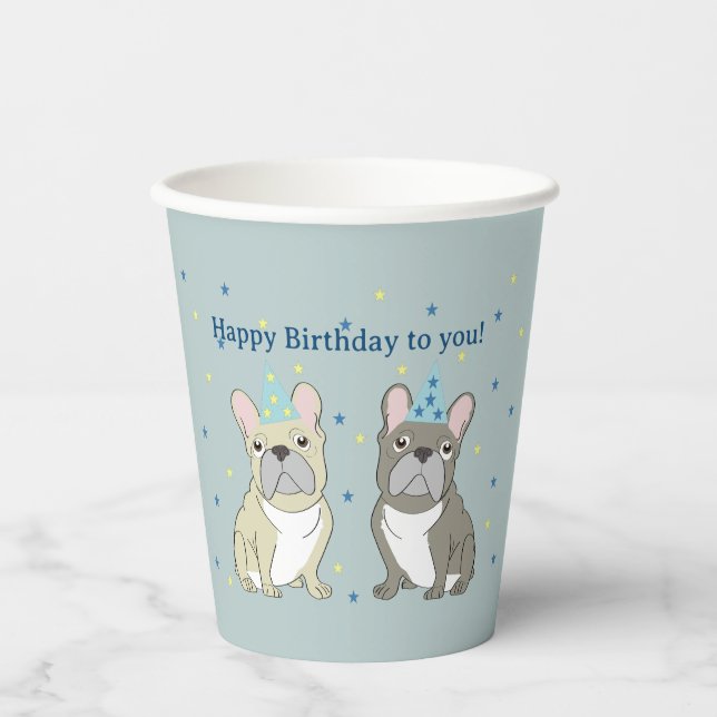 Vasos De Papel Feliz cumpleaños bulldog francés (Anverso)