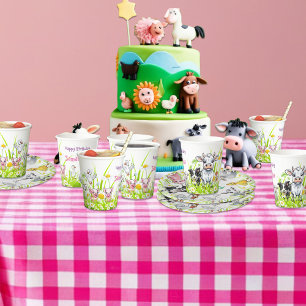Vasos De Papel Feliz Cumpleaños con Margaritas y Animales de Gran