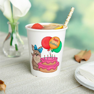 Vasos De Papel Feliz cumpleaños con una pipa con globos y pastele