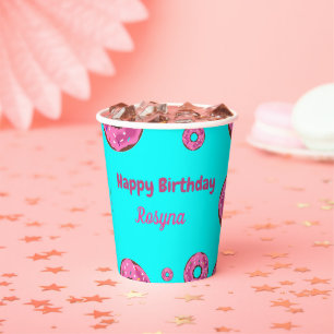 Vasos De Papel Feliz cumpleaños, donuts de crema rosada azul