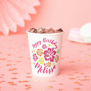Vasos De Papel Feliz cumpleaños, flores tropicales hawaianas hibi