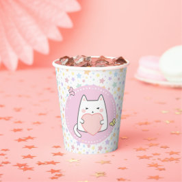 Vasos De Papel Feliz Cumpleaños Gato Kawaii con un Corazón de Amo