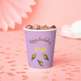 Vasos De Papel Feliz cumpleaños, helado amarillo en morado