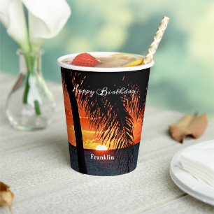 Vasos De Papel Feliz cumpleaños hombres árboles tropicales del