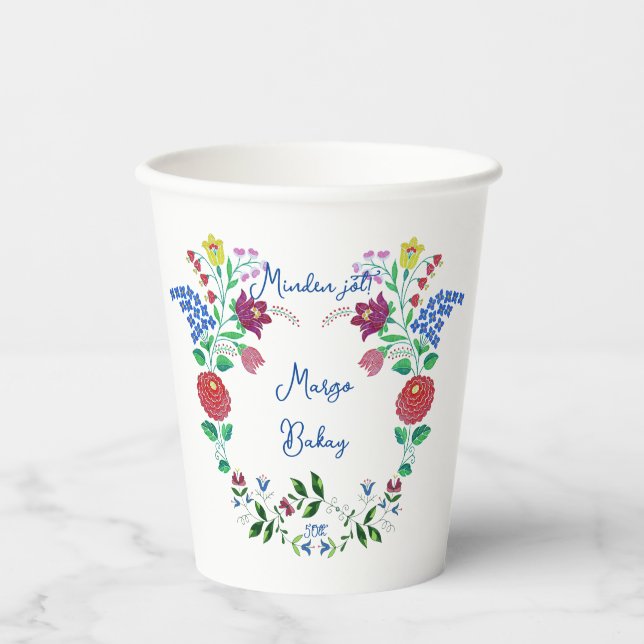 Vasos De Papel Feliz cumpleaños Kalocsai Flower Folk Art (Anverso)