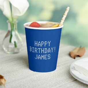 Vasos De Papel Feliz cumpleaños nombre blanco azul personalizado