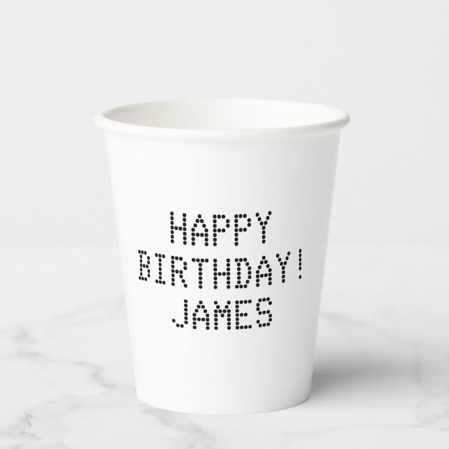 Vasos De Papel Feliz cumpleaños nombre blanco negro personalizado (Anverso)