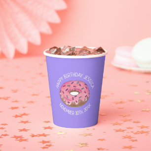 Vasos De Papel Feliz cumpleaños panadería de donut Doughnut rosad