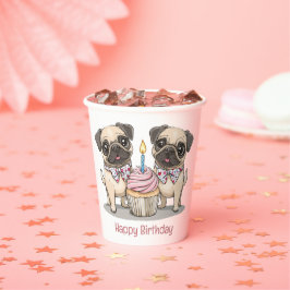 Vasos De Papel Feliz cumpleaños, pastelito de perros pug