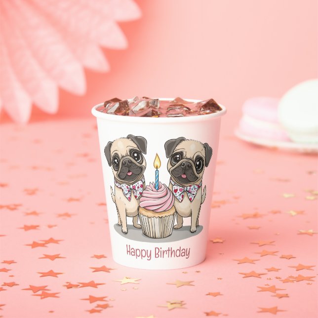 Vasos De Papel Feliz cumpleaños, pastelito de perros pug (in situ)