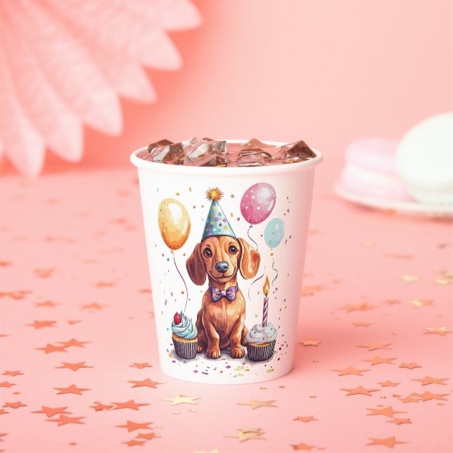 Vasos De Papel Feliz Cumpleaños Perro Dachshund  (in situ)