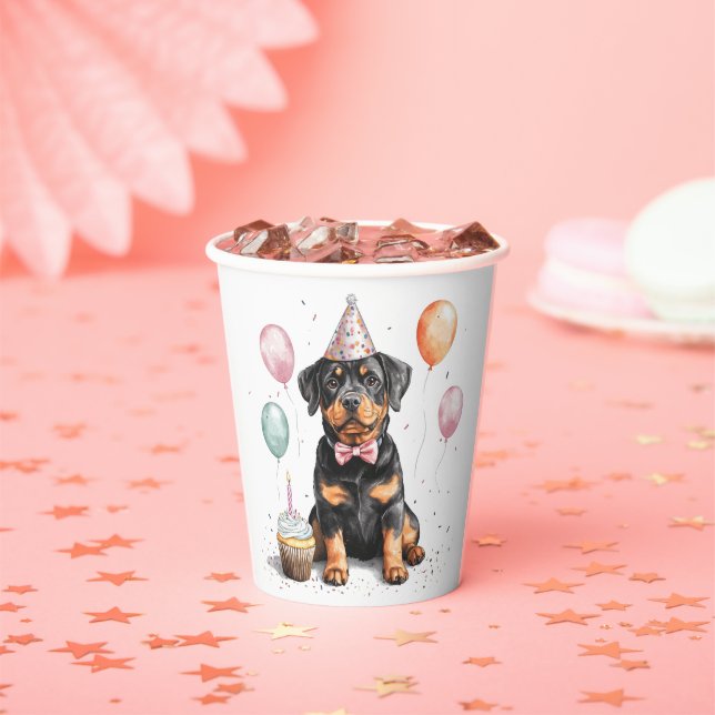 Vasos De Papel Feliz Cumpleaños Perro Rottweiler (in situ)