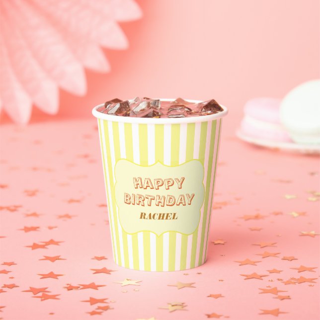Vasos De Papel Feliz Cumpleaños Personalizado con Raya Amarilla  (in situ)