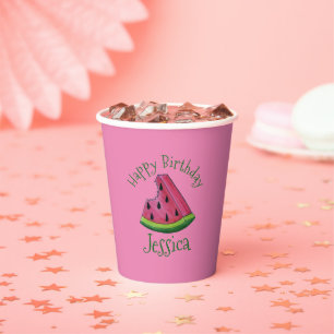 Vasos De Papel Feliz cumpleaños Pink Watermelon Slice Fruit Picni