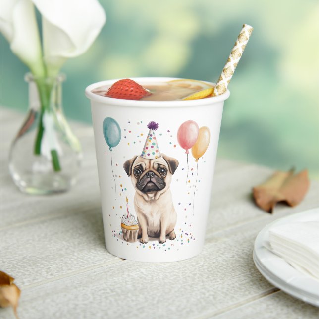 Vasos De Papel Feliz Cumpleaños Pug Perro (in situ)