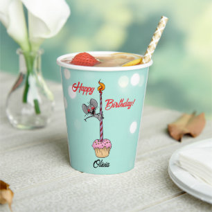 Vasos De Papel Feliz Cumpleaños Ratón con Cupcake y Vela