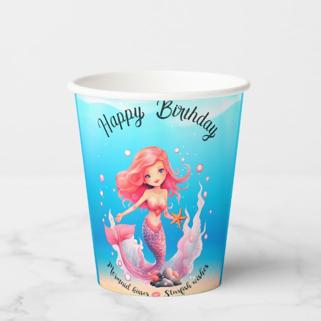 Vasos De Papel Feliz cumpleaños, sirena (Anverso)