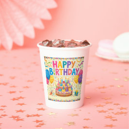 Vasos De Papel Feliz cumpleaños tarjeta brillante fuerte en blanc