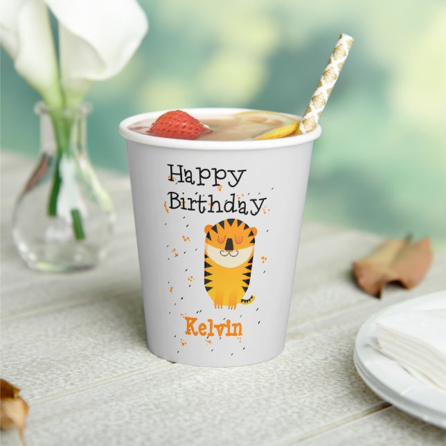 Vasos De Papel Feliz cumpleaños tigre lindo nombre personalizado  (in situ)