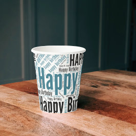 Vasos De Papel Feliz cumpleaños tipográfico Verde azulado y mascu