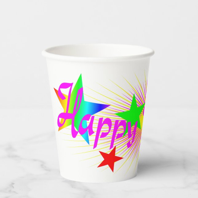 Vasos De Papel Feliz cumpleaños y estrellas - (Anverso)