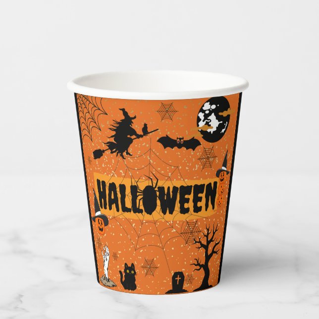 VASOS DE PAPEL FELIZ CUPS DE PAPEL DE HALLOWEEN (NARANJA) (Anverso)
